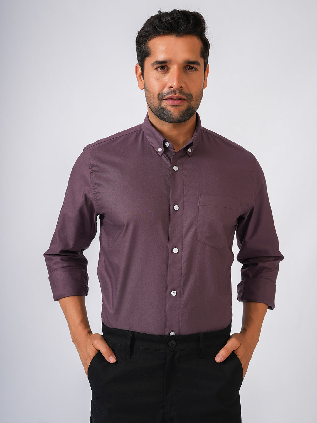 Wine Solid Slim Fit Cotton Shirt