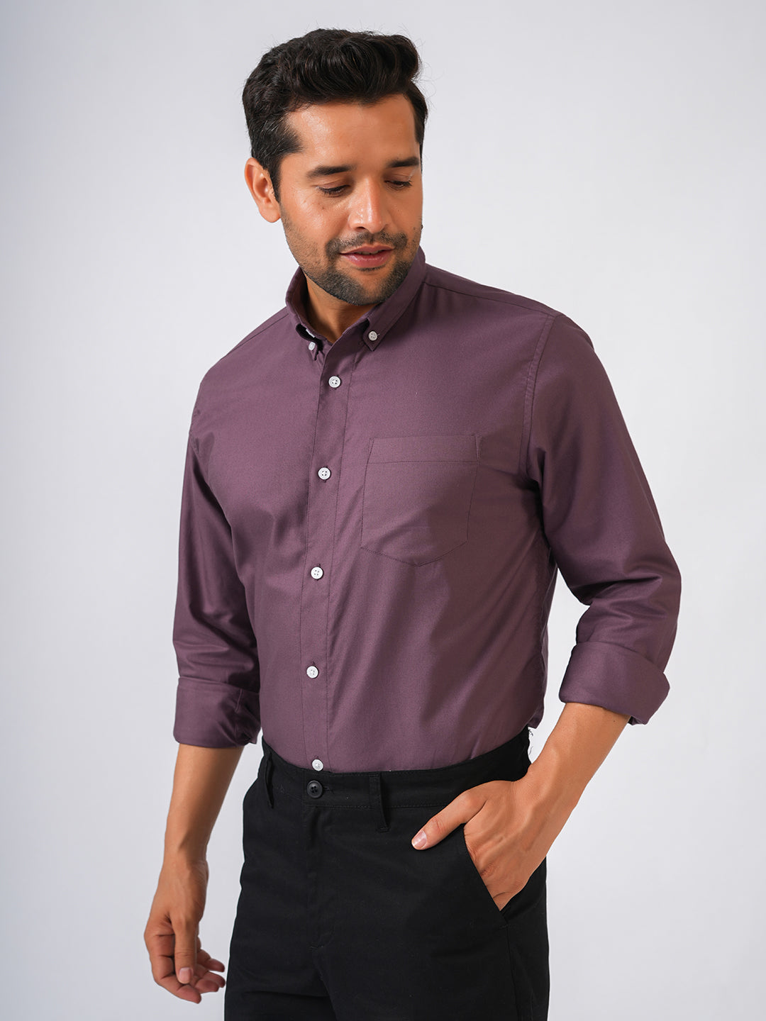 Wine Solid Slim Fit Cotton Shirt
