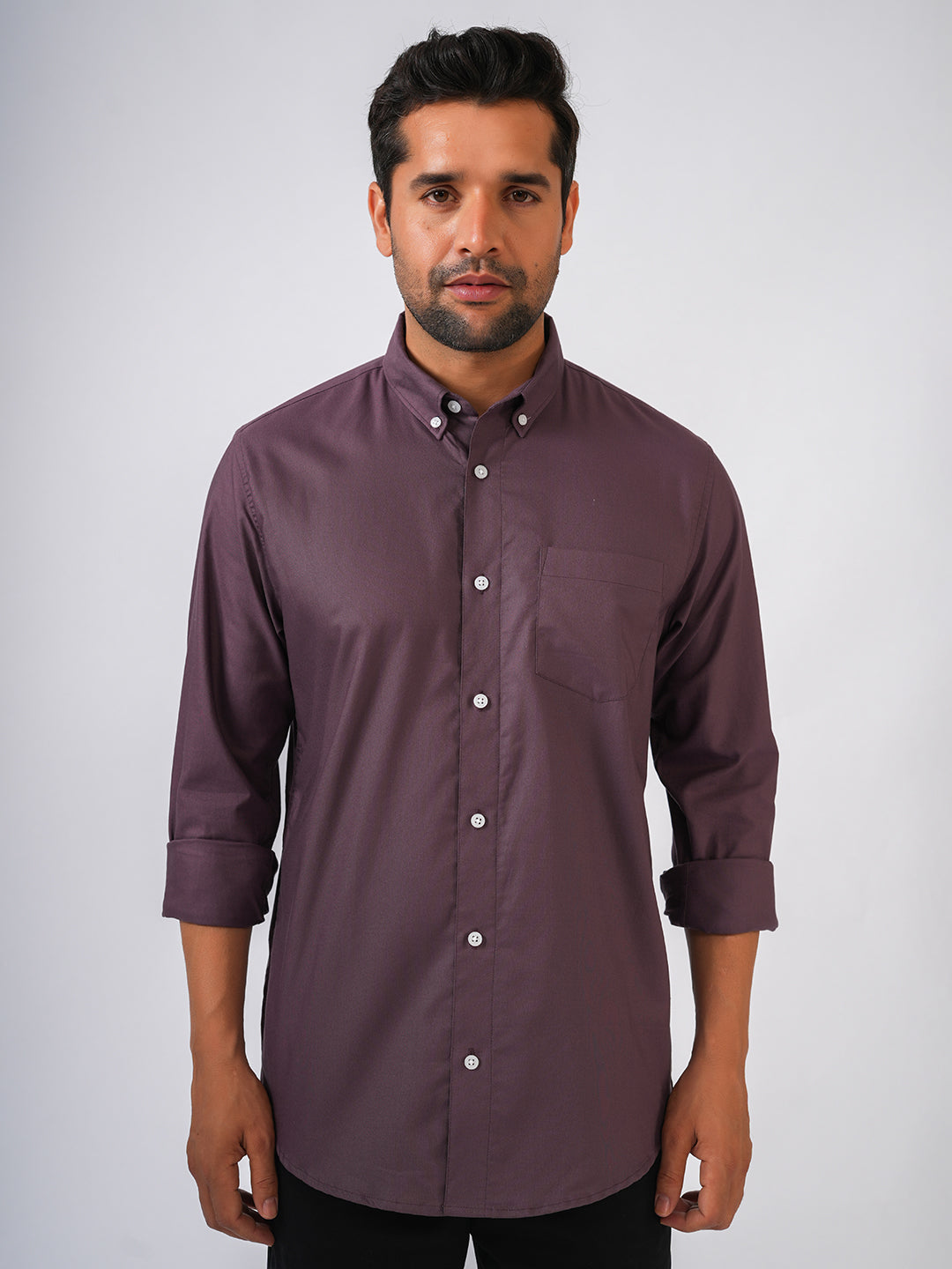 Wine Solid Slim Fit Cotton Shirt