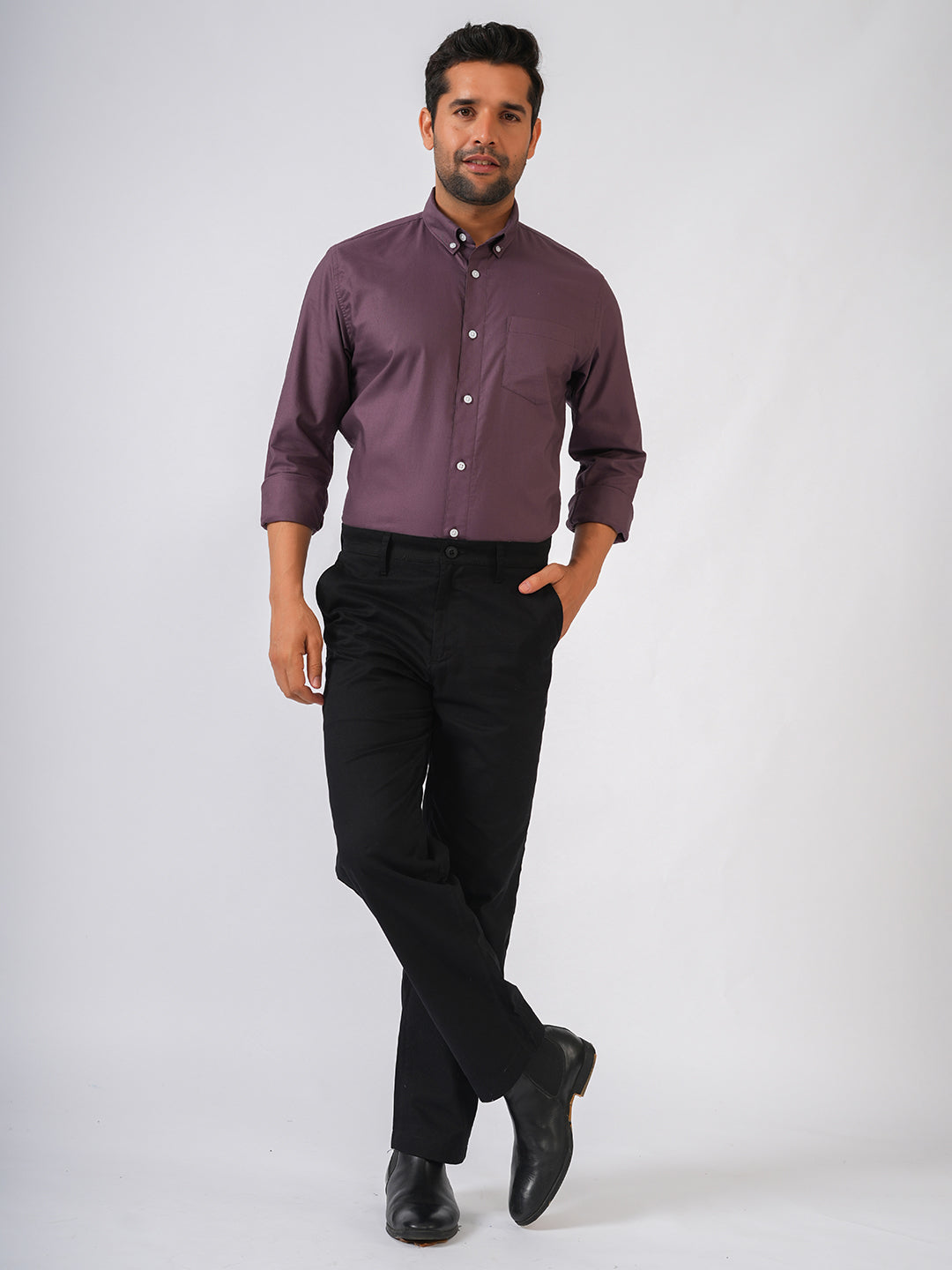 Wine Solid Slim Fit Cotton Shirt