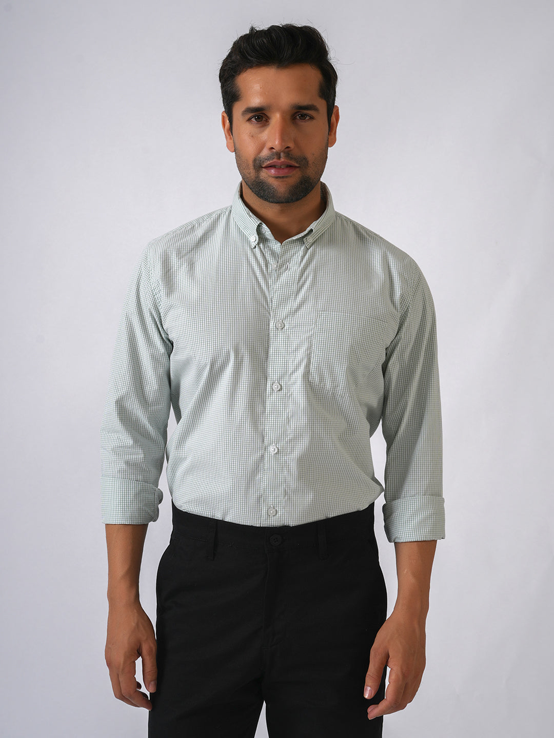 Green Checked Slim Fit Cotton Shirt