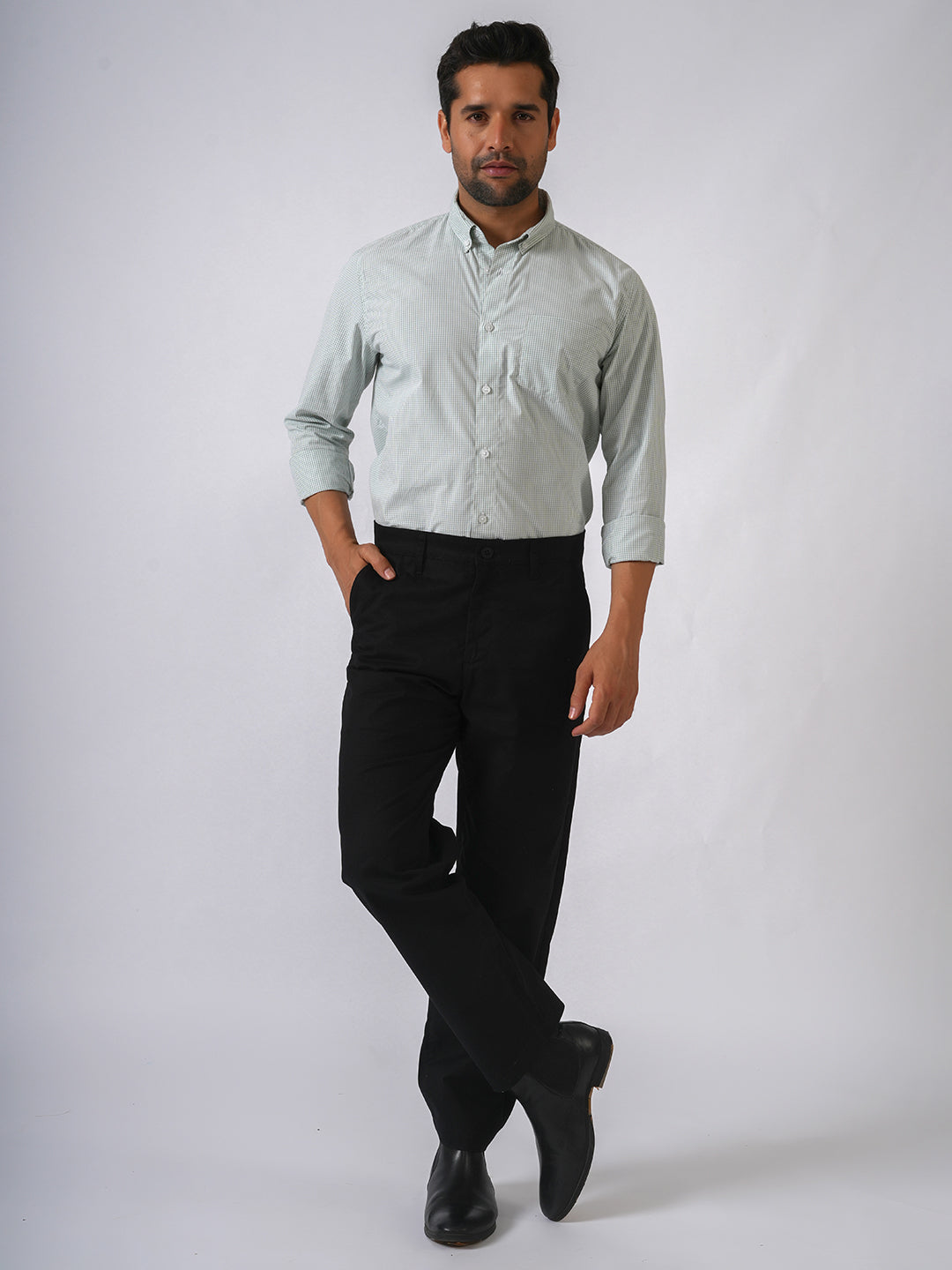 Green Checked Slim Fit Cotton Shirt