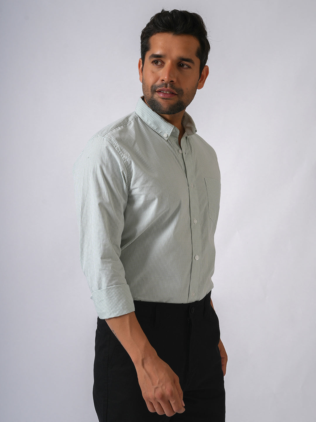 Green Checked Slim Fit Cotton Shirt