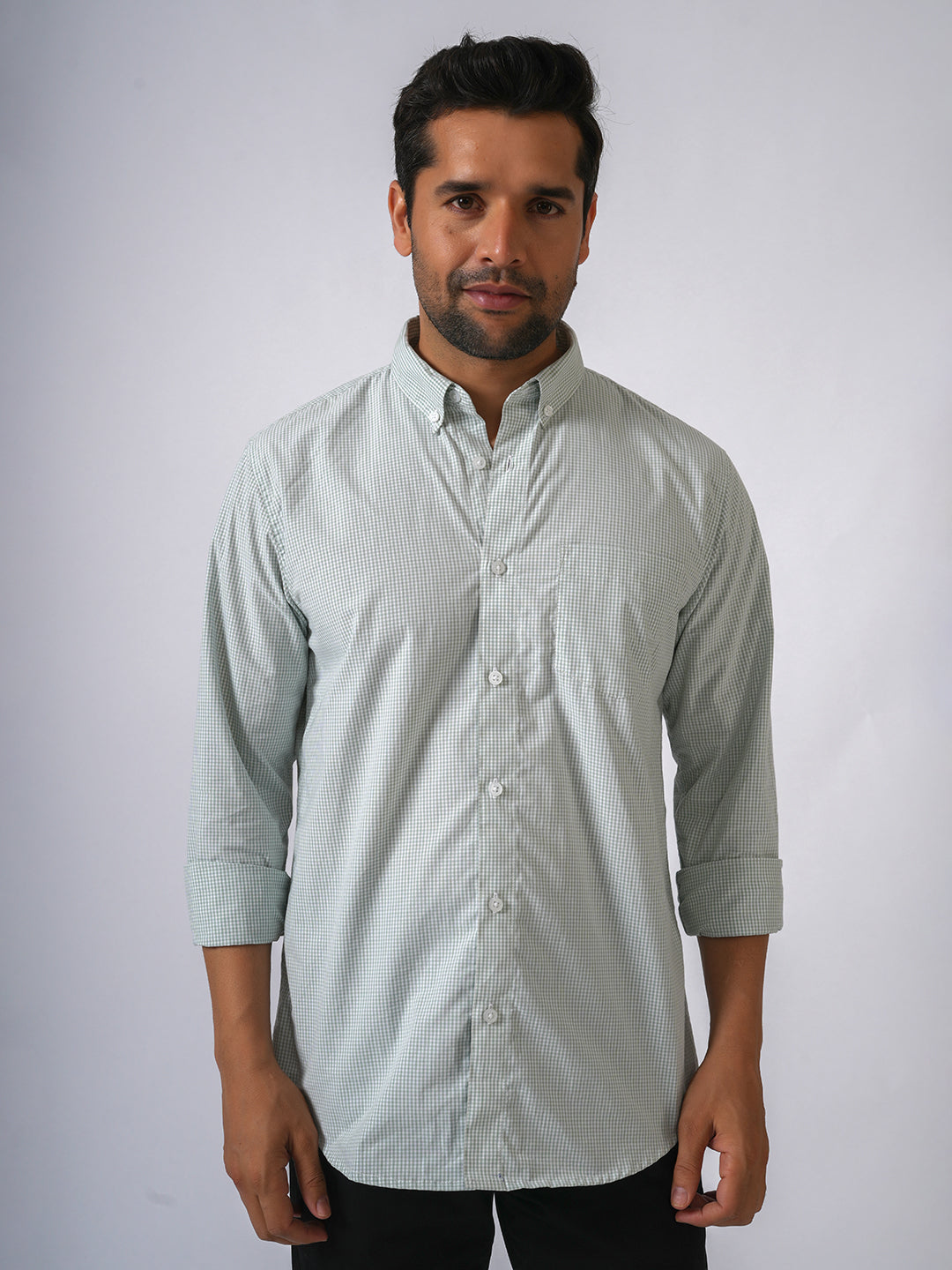 Green Checked Slim Fit Cotton Shirt