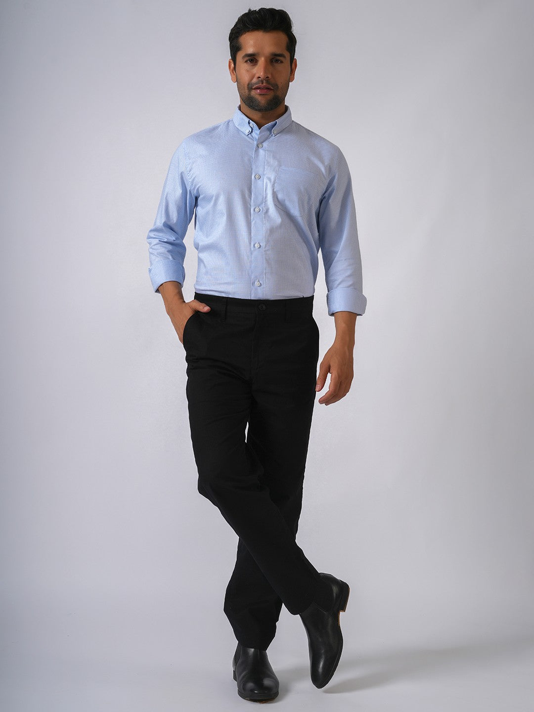 Sky Blue Checked Slim Fit Cotton Shirt