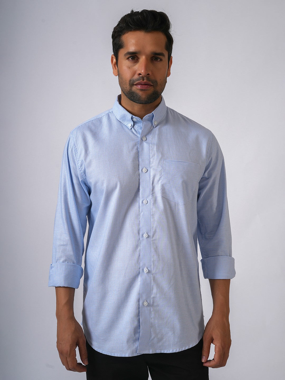 Sky Blue Checked Slim Fit Cotton Shirt