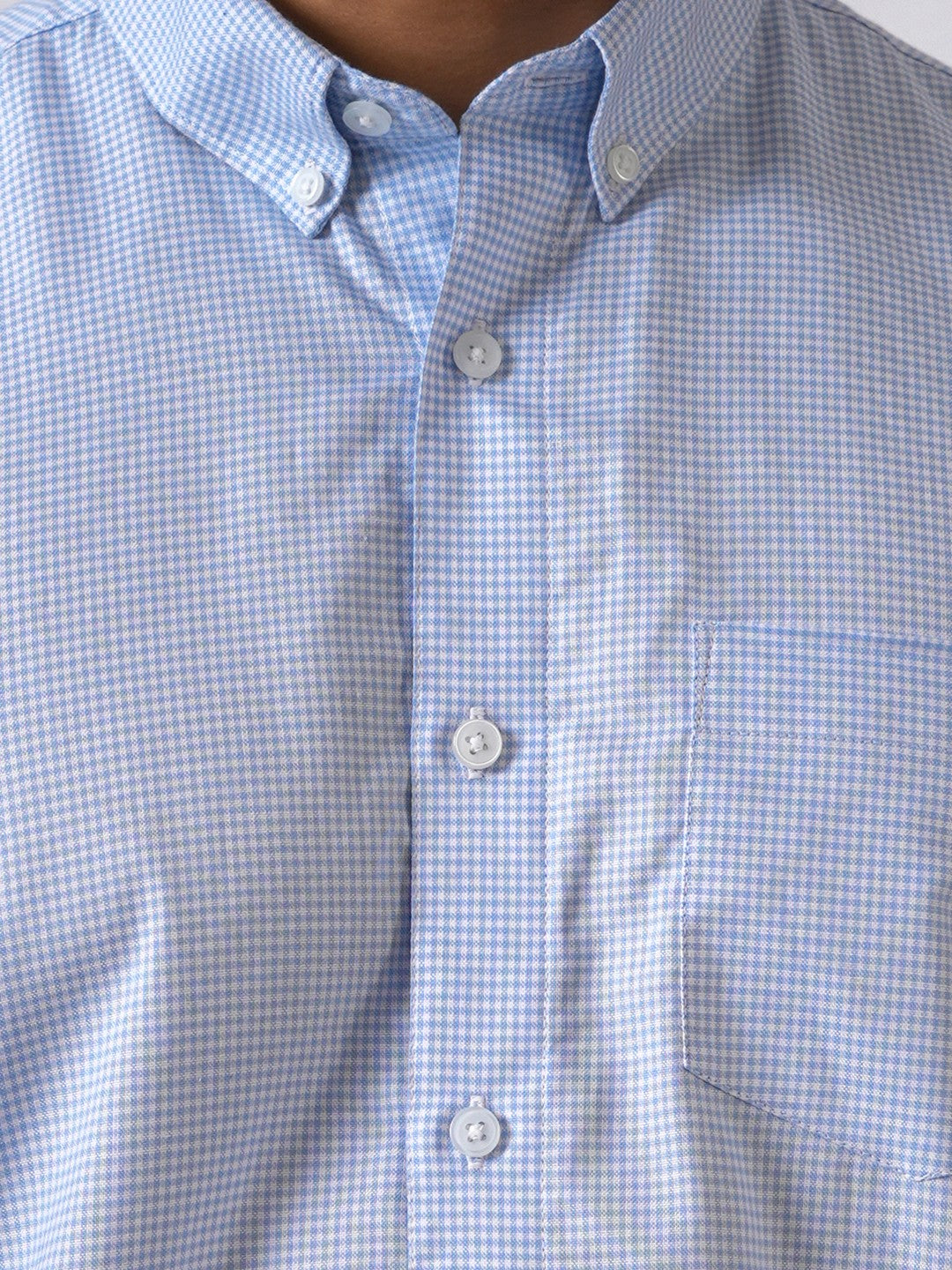Sky Blue Checked Slim Fit Cotton Shirt