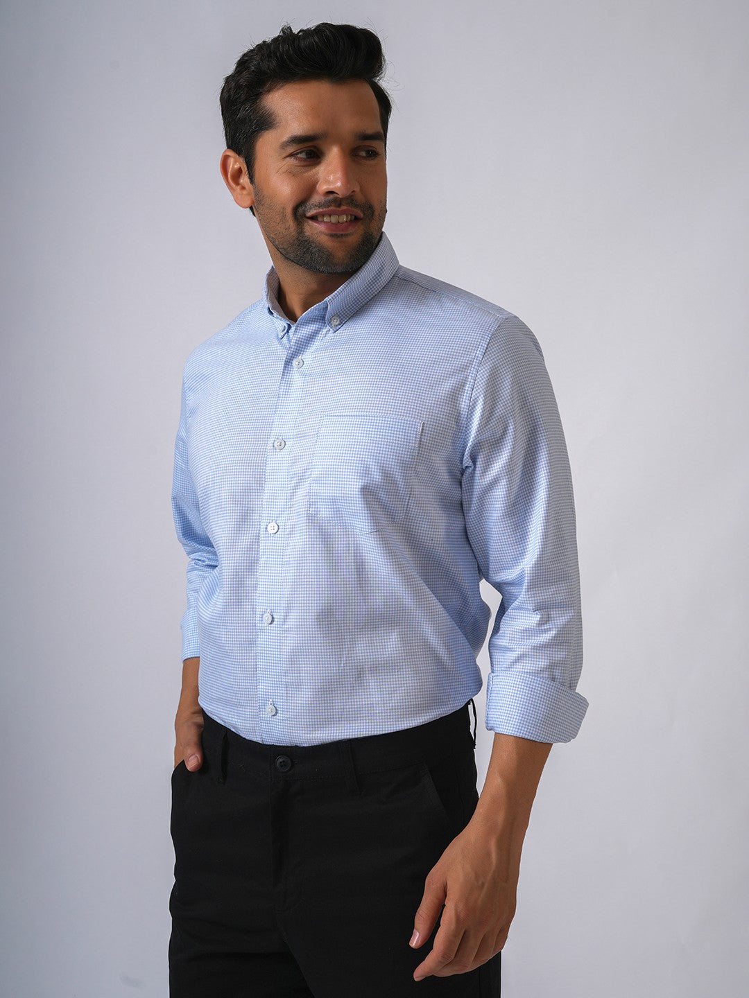Sky Blue Checked Slim Fit Cotton Shirt