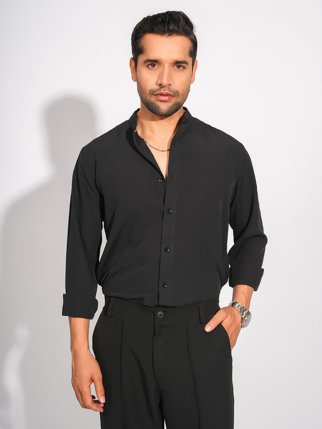 Black Solid Party Wear Slim Fit Shirt With Tie