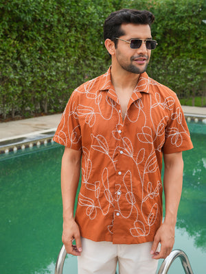 Rust Embroidery Pre-Washed Linen Cotton Shirt