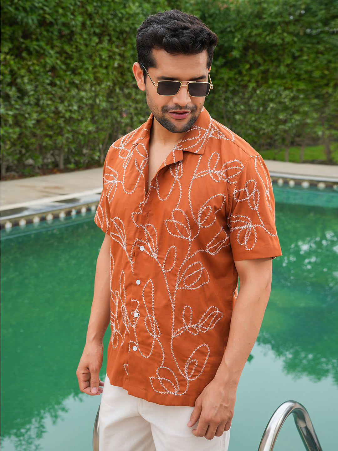 Rust Embroidery Linen Cotton Shirt