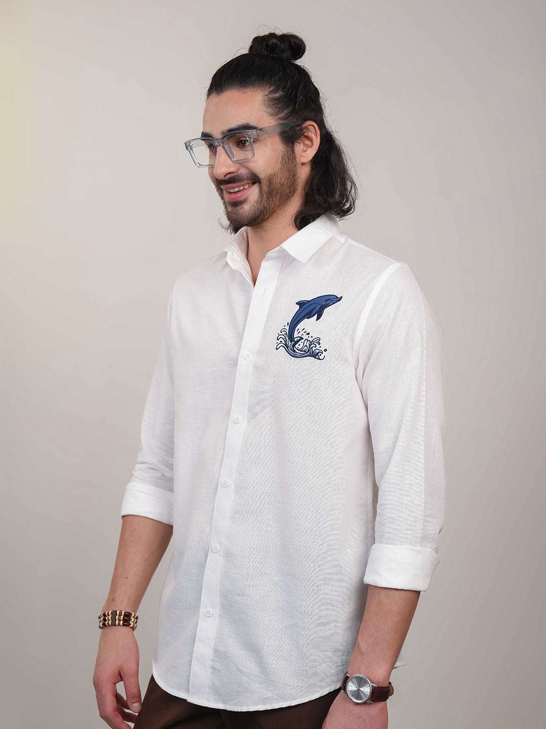White Dolphin Embroidery Linen Cotton Shirt