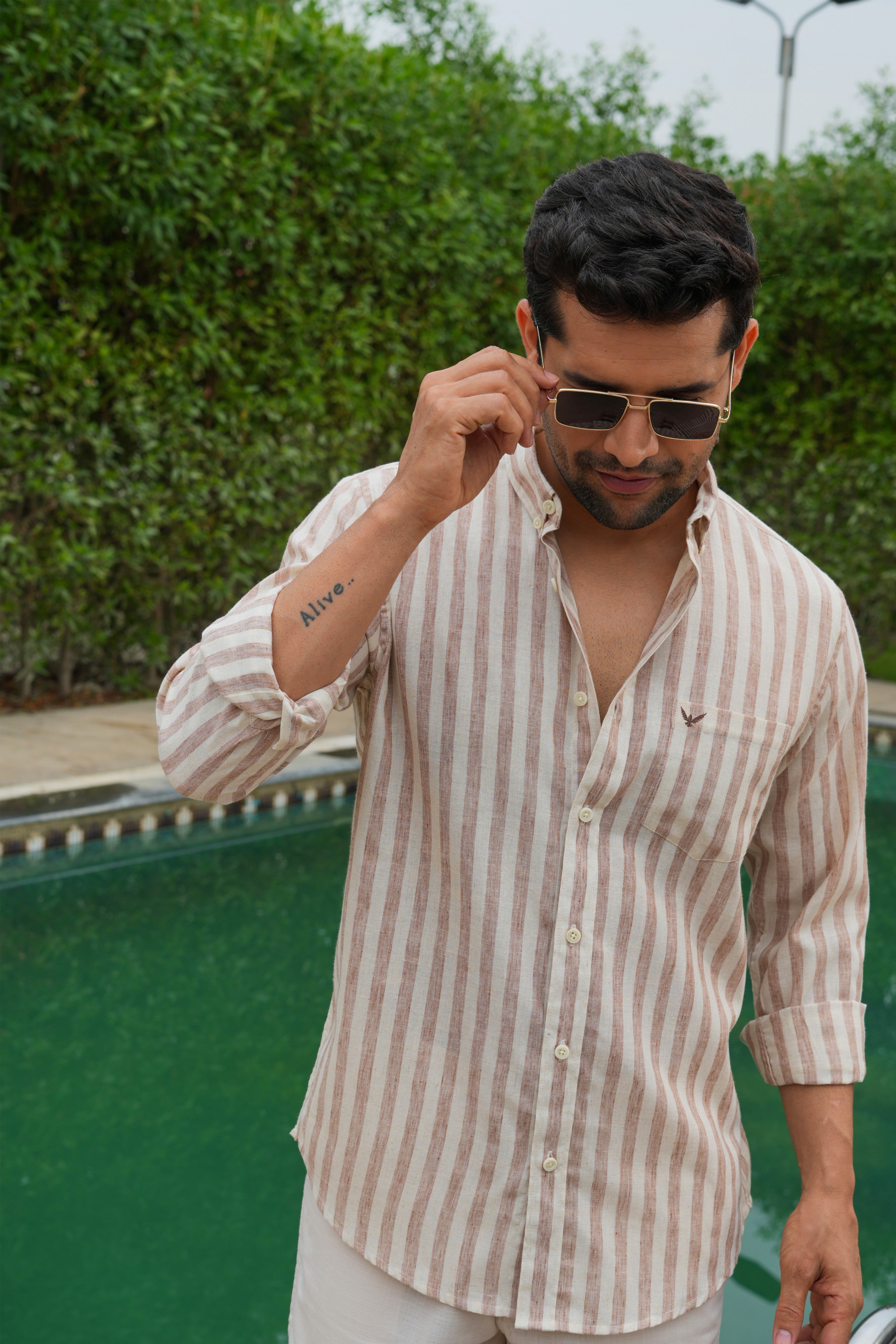 Rust Striped Slim Fit Pre-Washed Linen Cotton Shirt