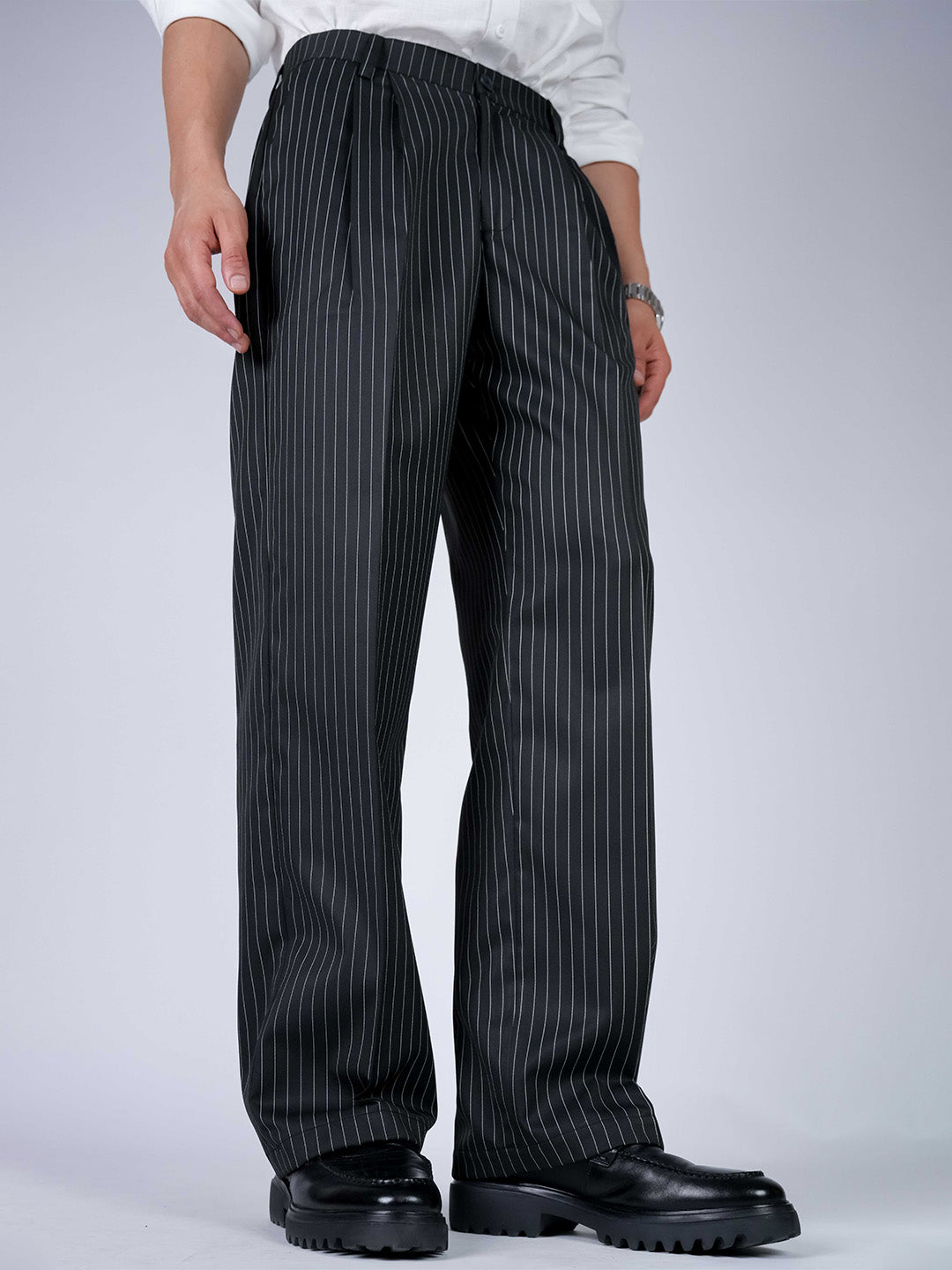 Black Striped Viscose Relaxed Fit Korean Pant