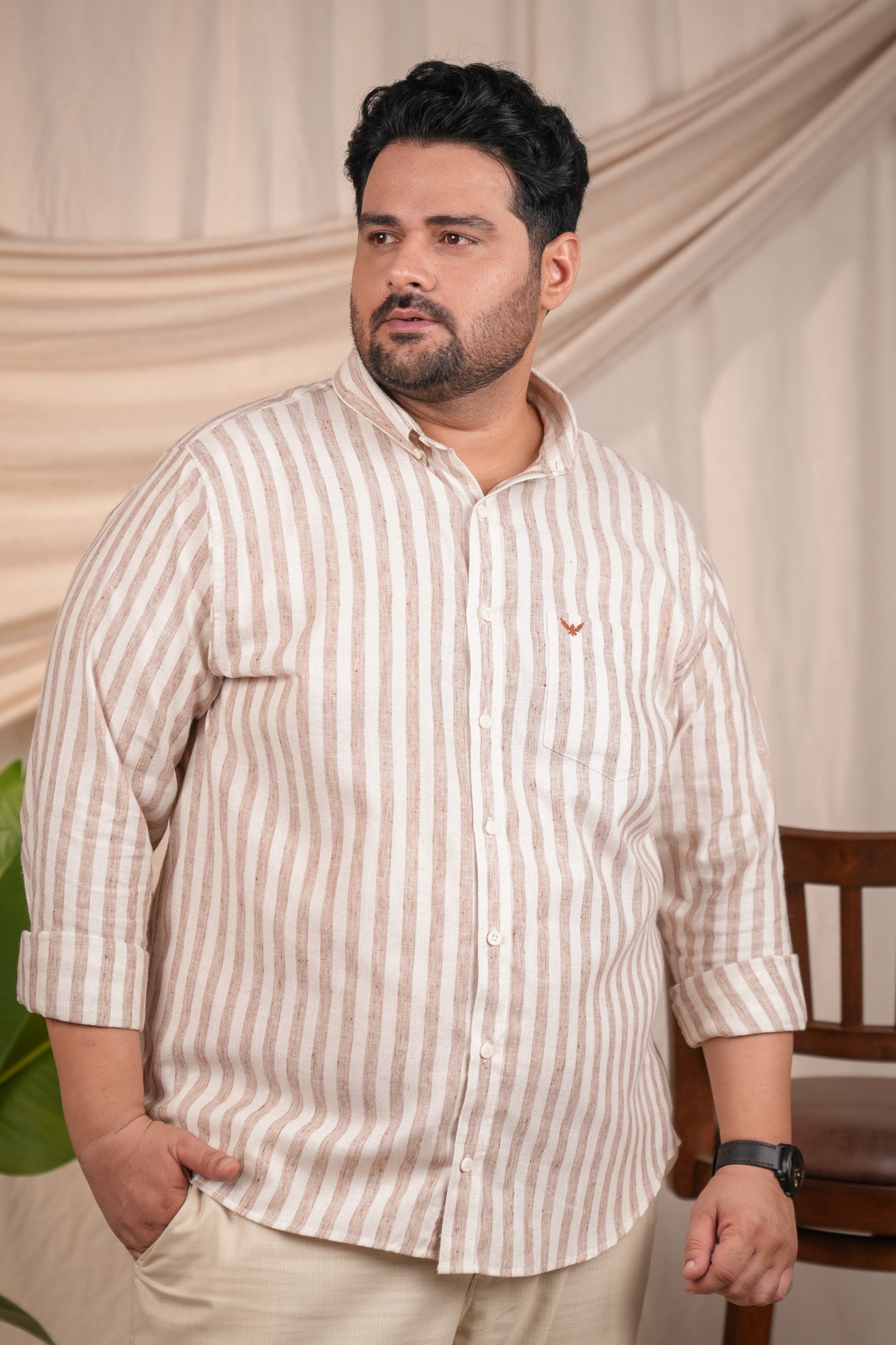 Rust Striped Regular Plus Size Pre-Washed Linen Cotton Shirt