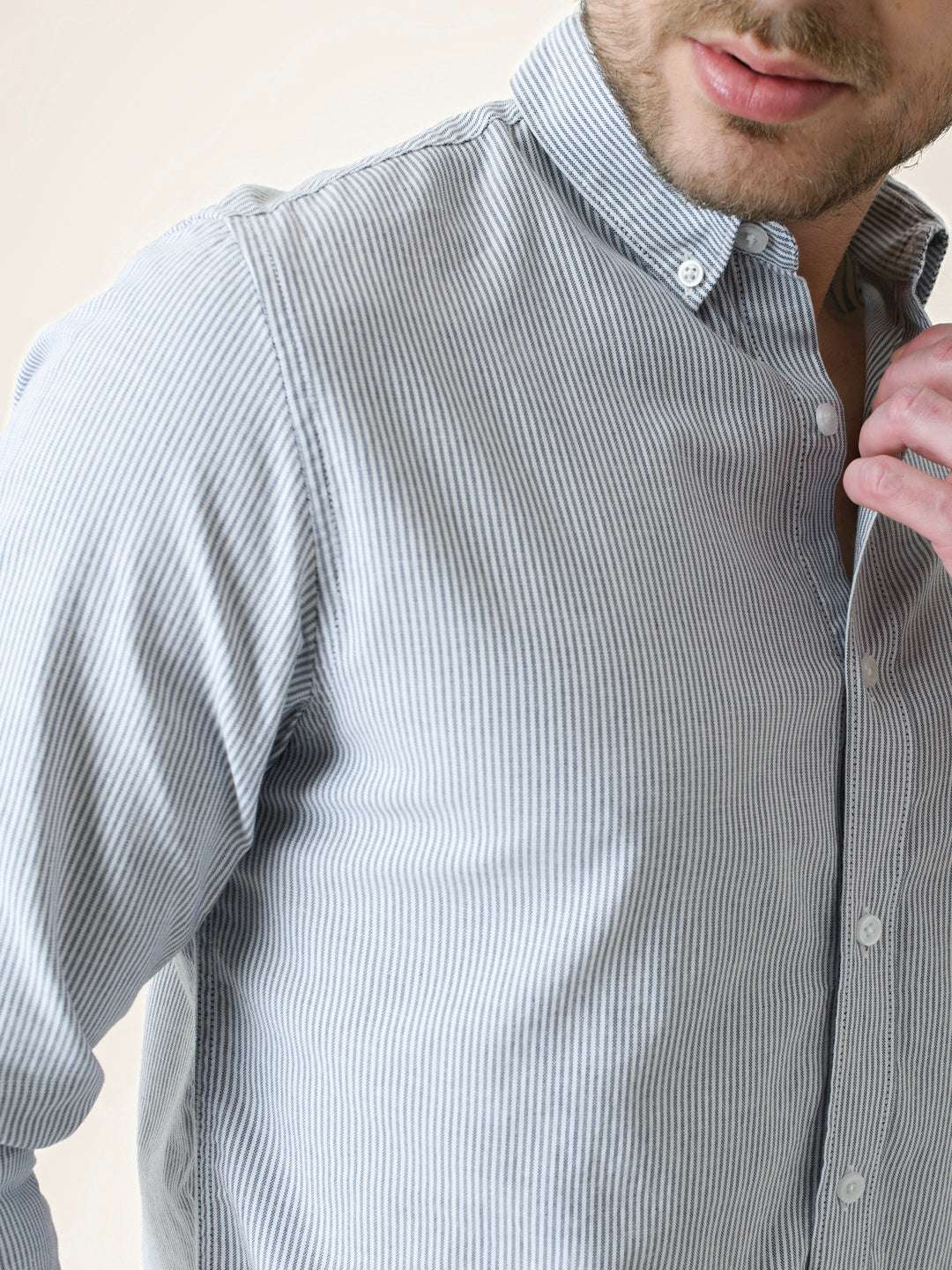 Navy Blue Striped Slim Fit Cotton Shirt