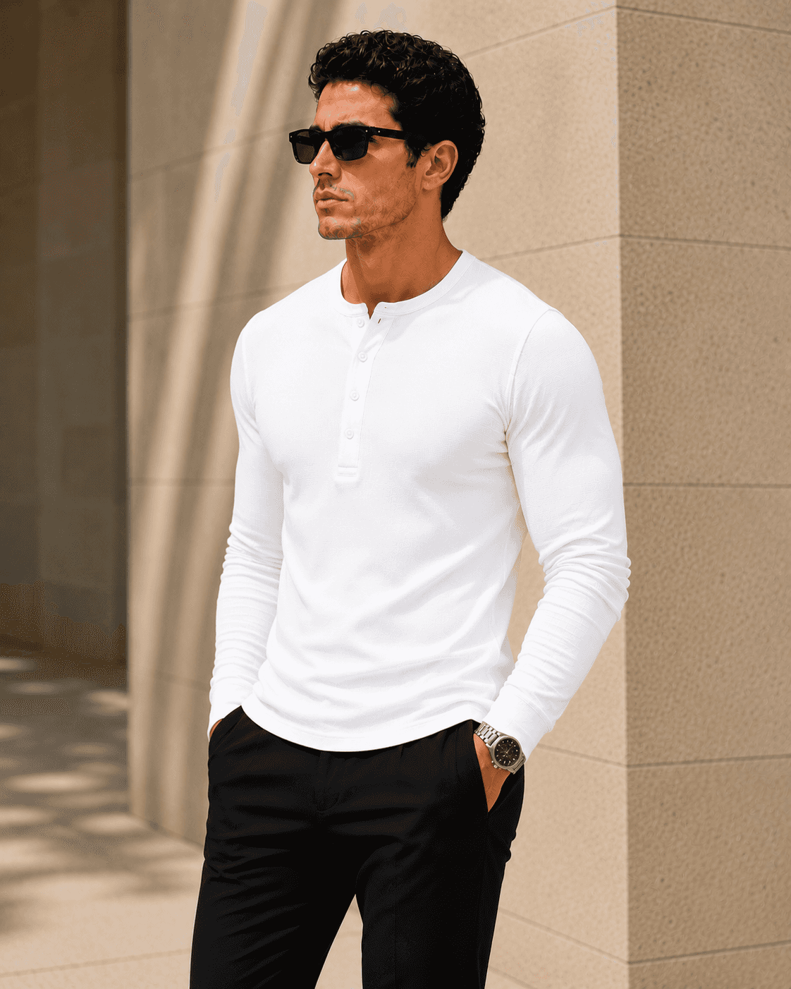White Waffle Henley Full Sleeve T-Shirt