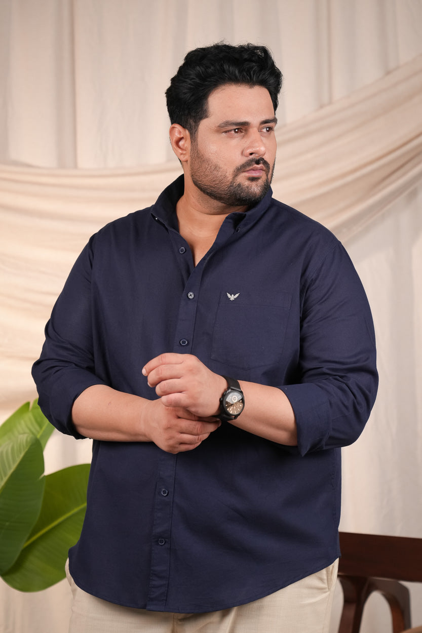 Navy Blue Pre-Washed Regular Plus Size Linen Blend Shirt