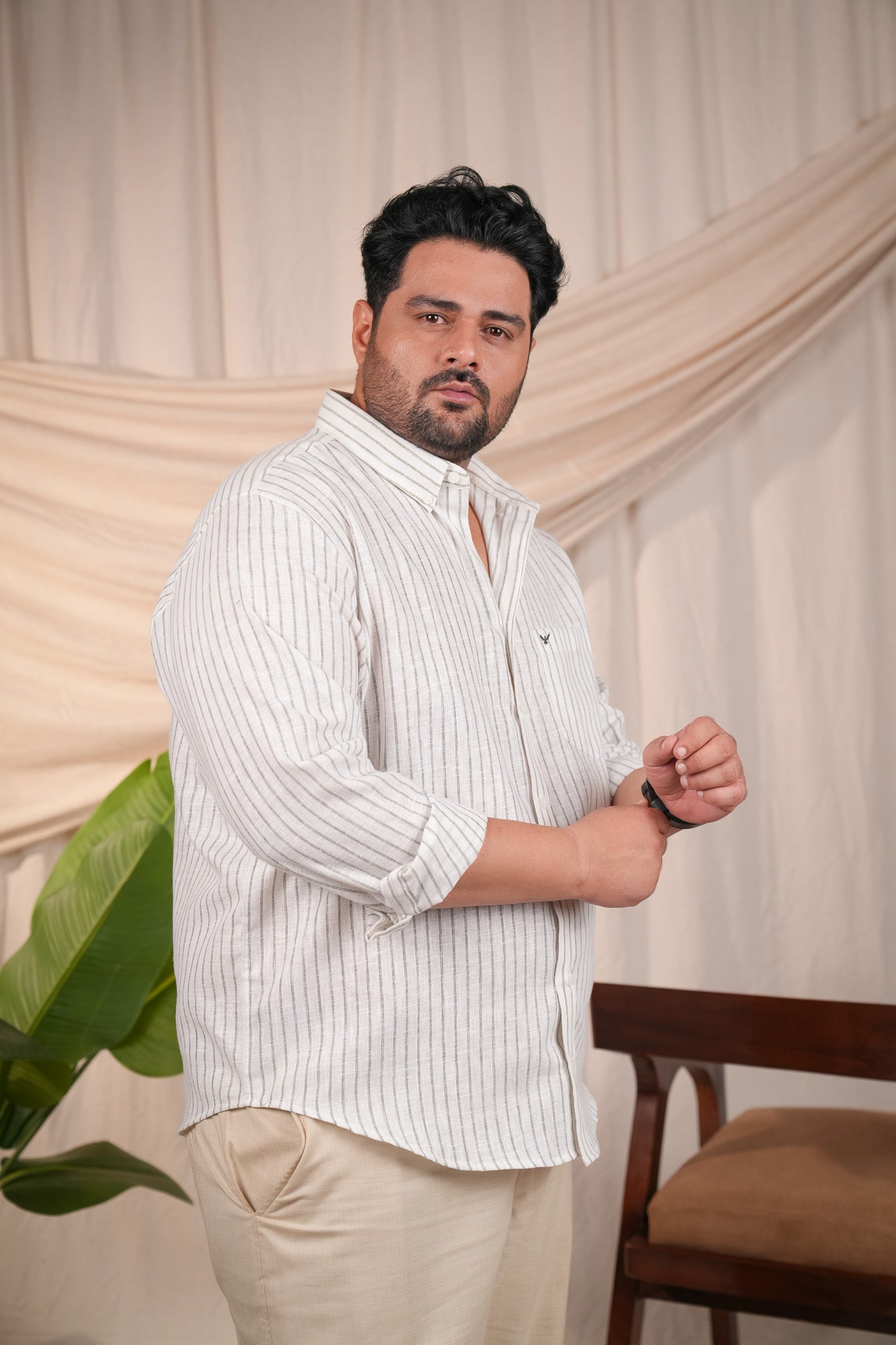 Green Striped Slim Fit Linen Regular Fit Plus Size Shirt