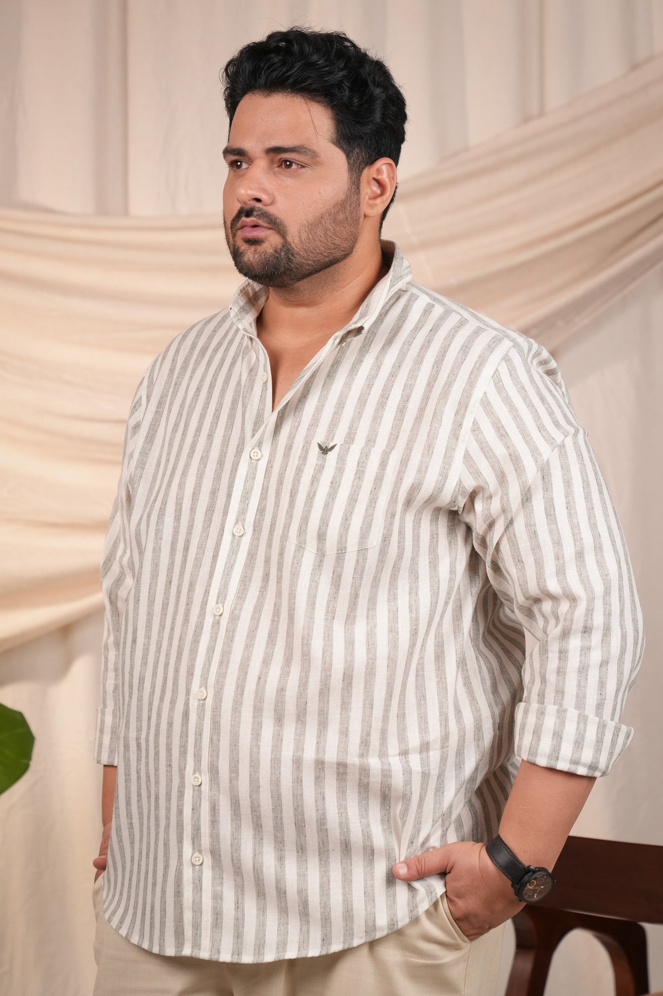 Sage Green Stripes Pre-Washed Regular Plus Size Linen Cotton Shirt