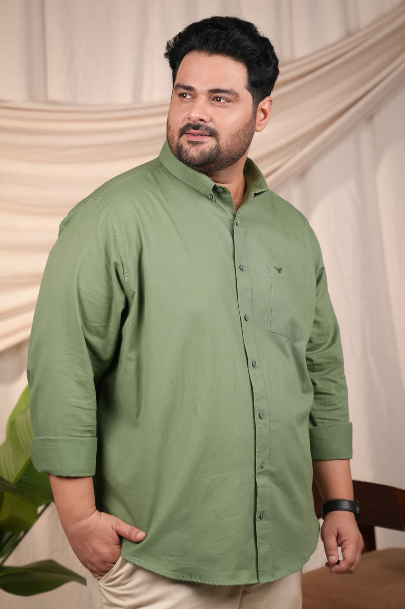 Moss Green Pre-Washed Linen Cotton Regular Fit Plus Size Shirt