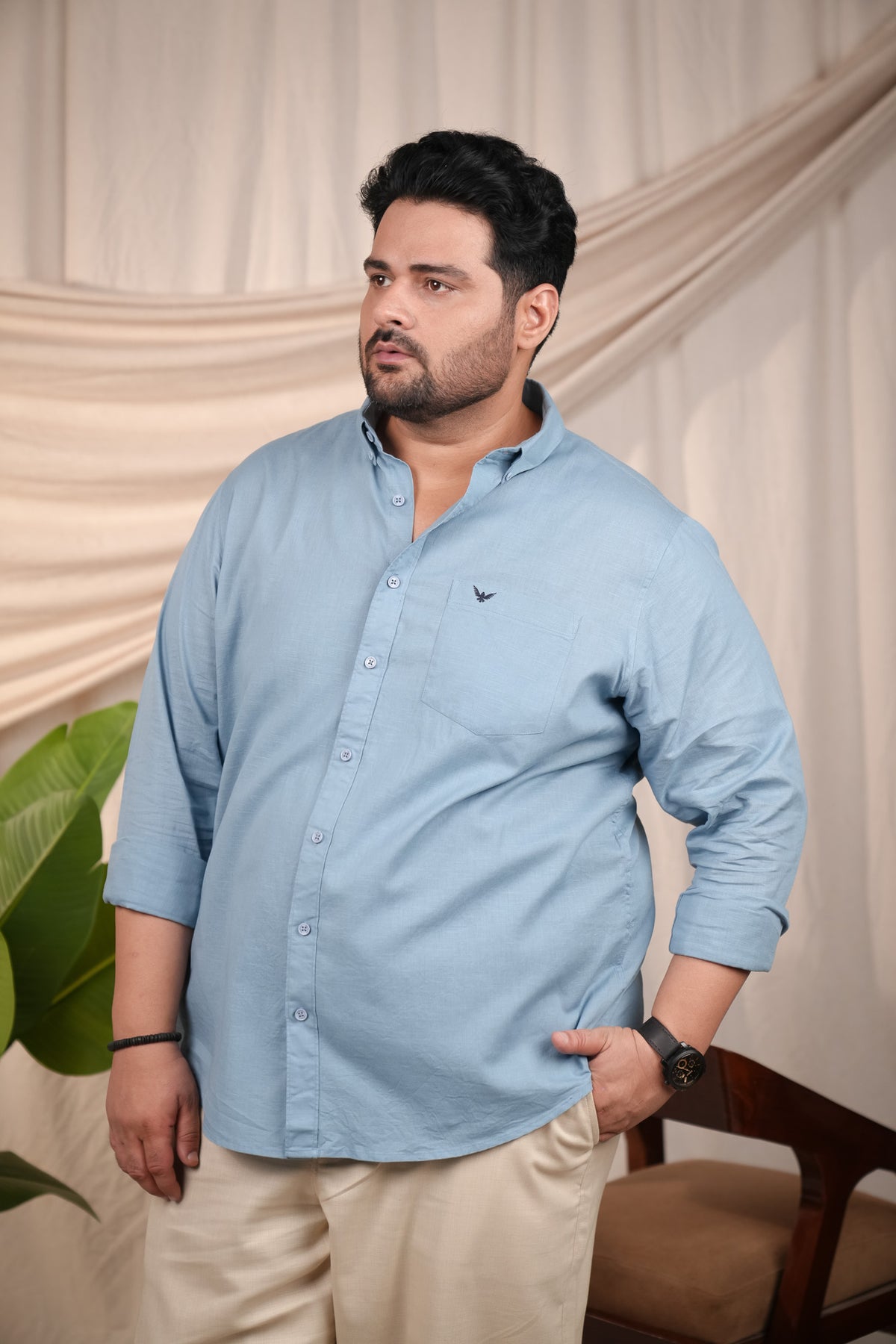 Aqua Blue Pre-Washed Regular Plus Size Linen Blend Shirt