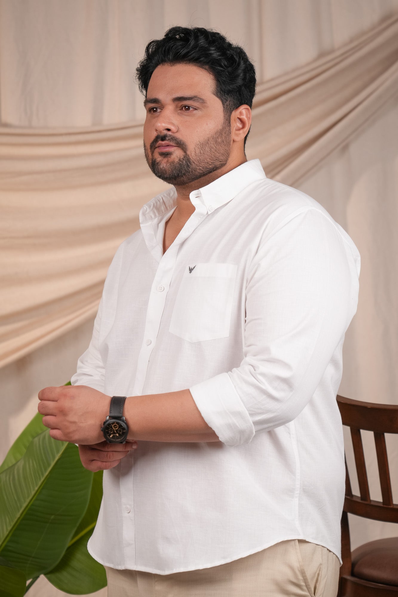 Crystal White Pre-Washed Linen Blend Button Down Regular Plus Size Shirt