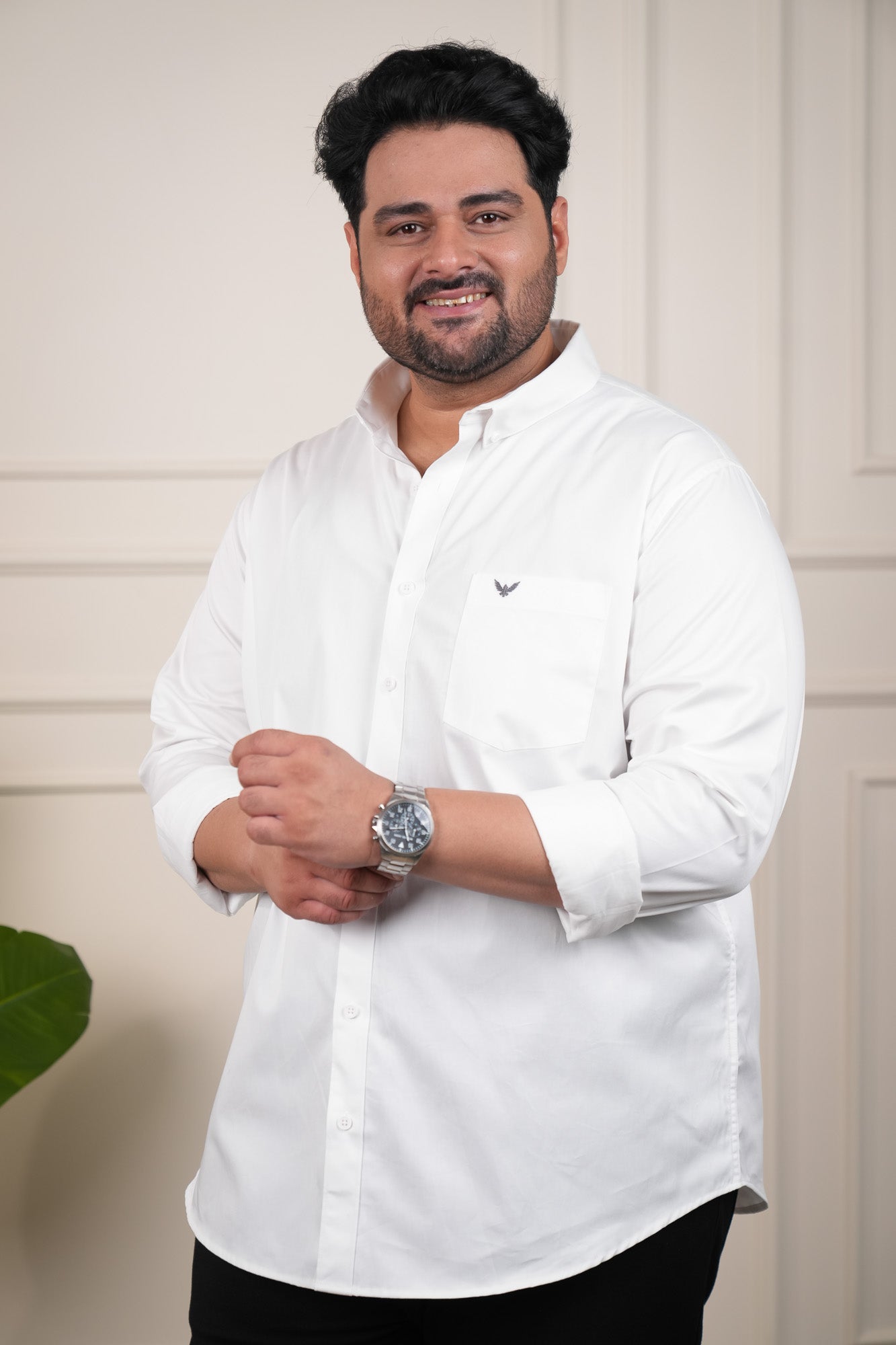 White Solid Cotton Twill  Regular Plus Size Shirt
