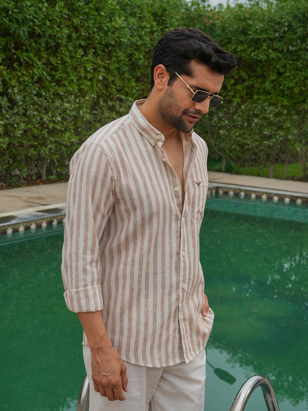 Rust Striped Slim Fit Pre-Washed Linen Cotton Shirt