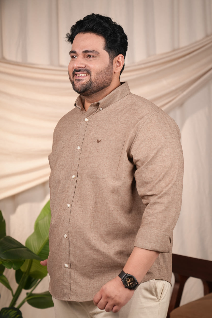 Brown Natural Textured Solid Pre-Washed Regular Plus Size Linen Cotton Shirt