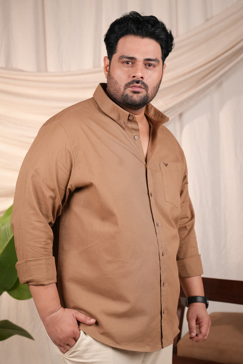 Brown Pre-Washed Linen Regular Plus Size Blend Shirt