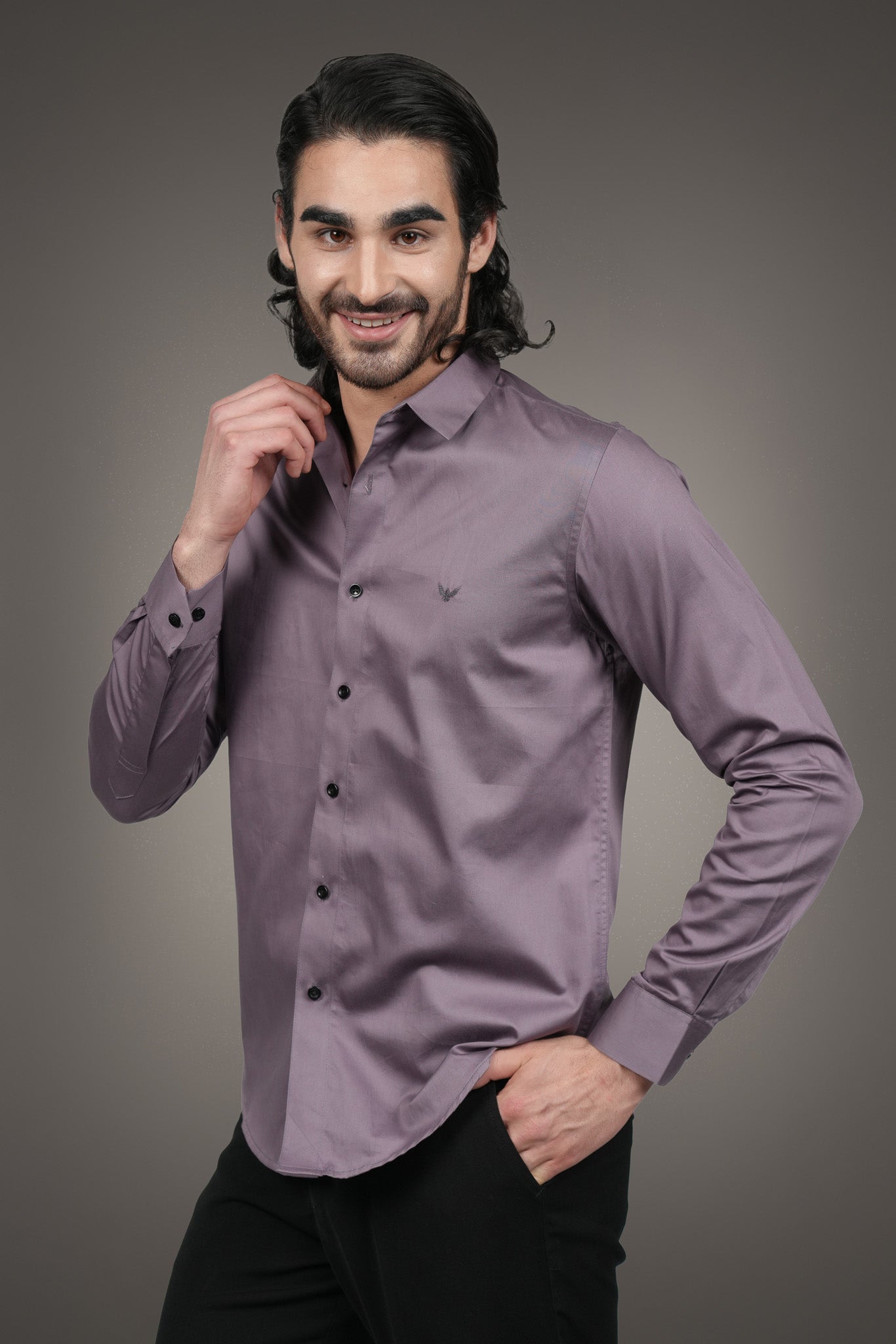 Mauve Solid Cotton Satin Slim Fit Shirt