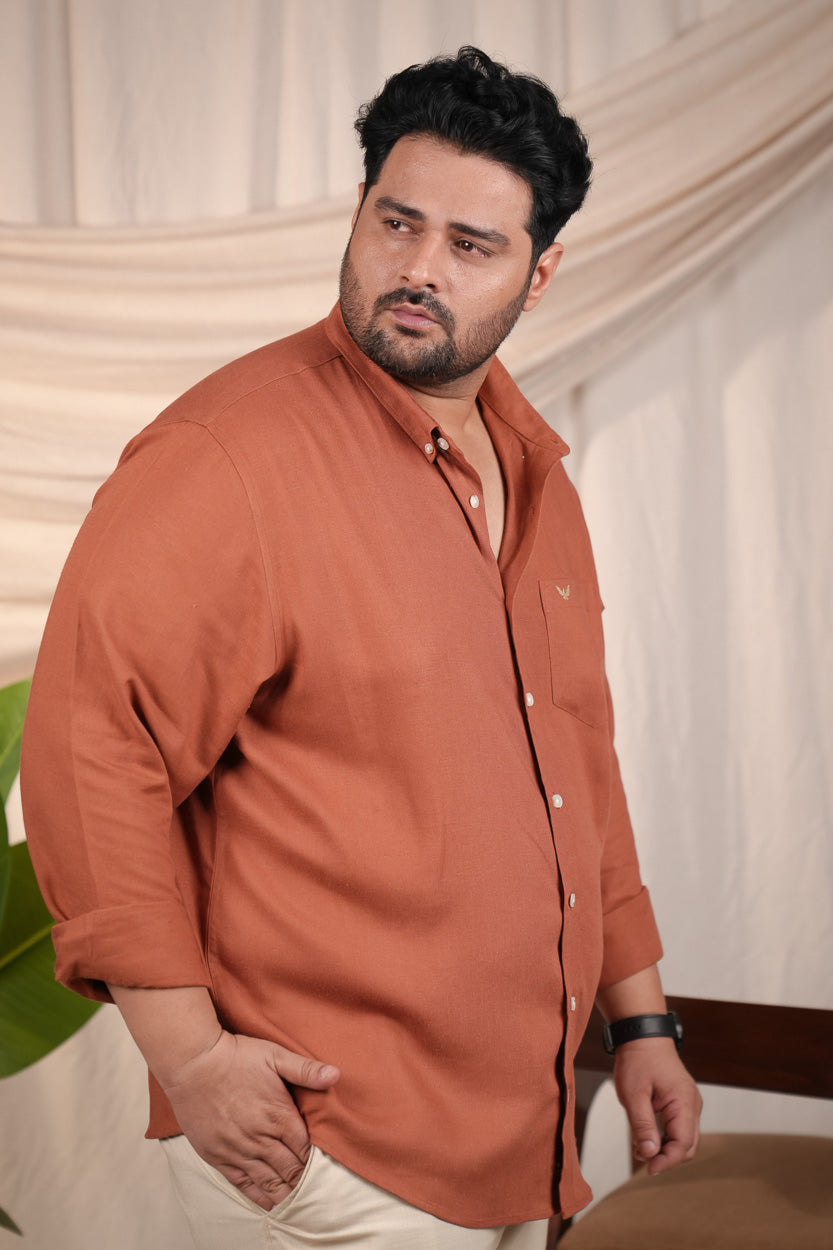 Rust Solid Pre-Washed Regular Plus Size Linen Cotton Shirt