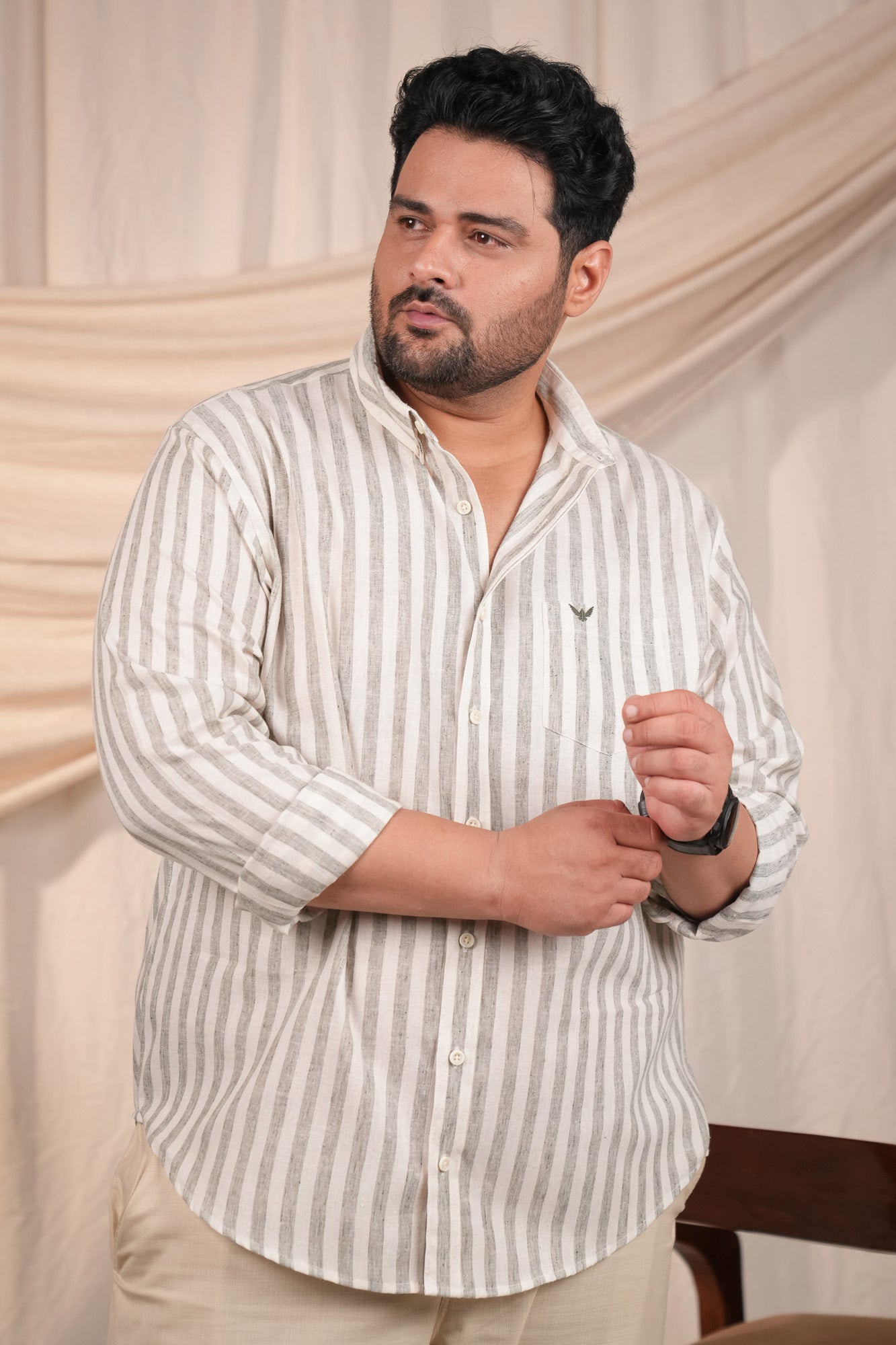 Sage Green Stripes Pre-Washed Linen Cotton Regular Plus Size Shirt