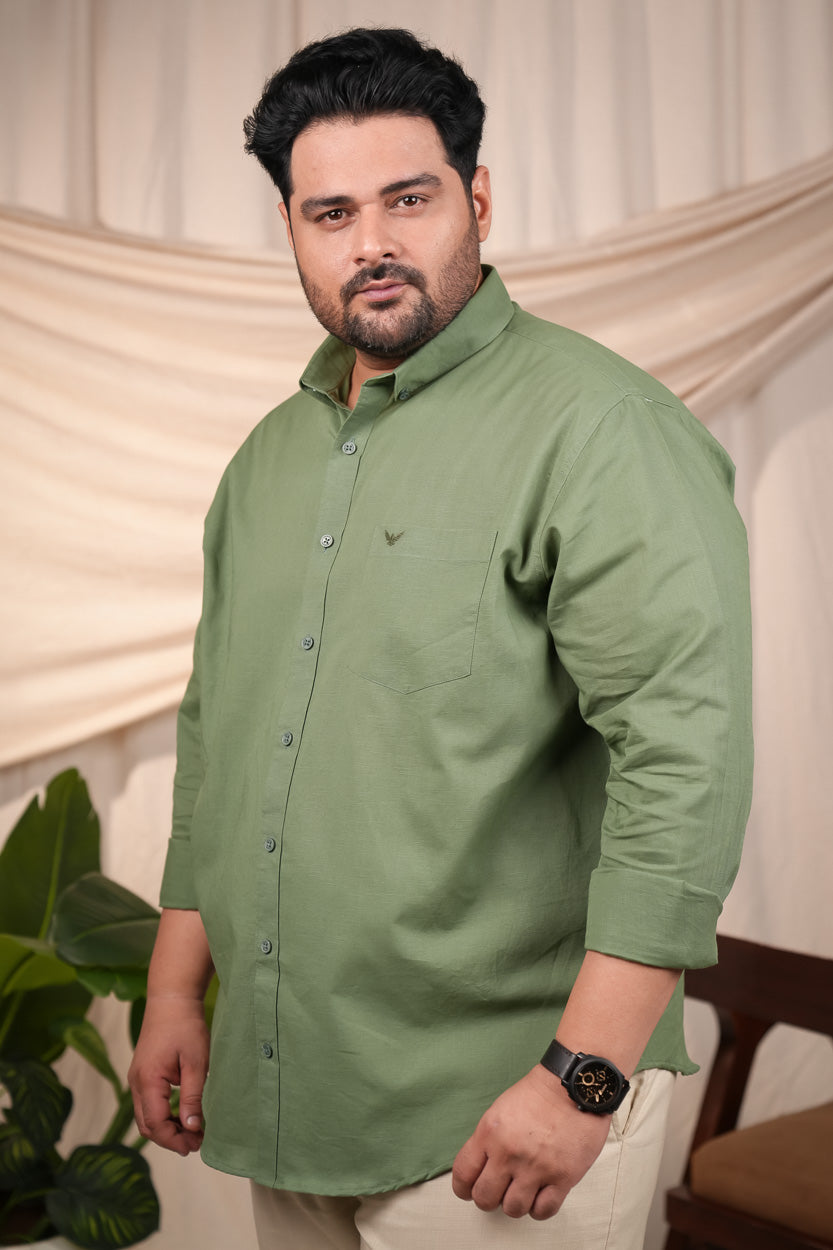 Moss Green Pre-Washed Linen Cotton Regular Fit Plus Size Shirt