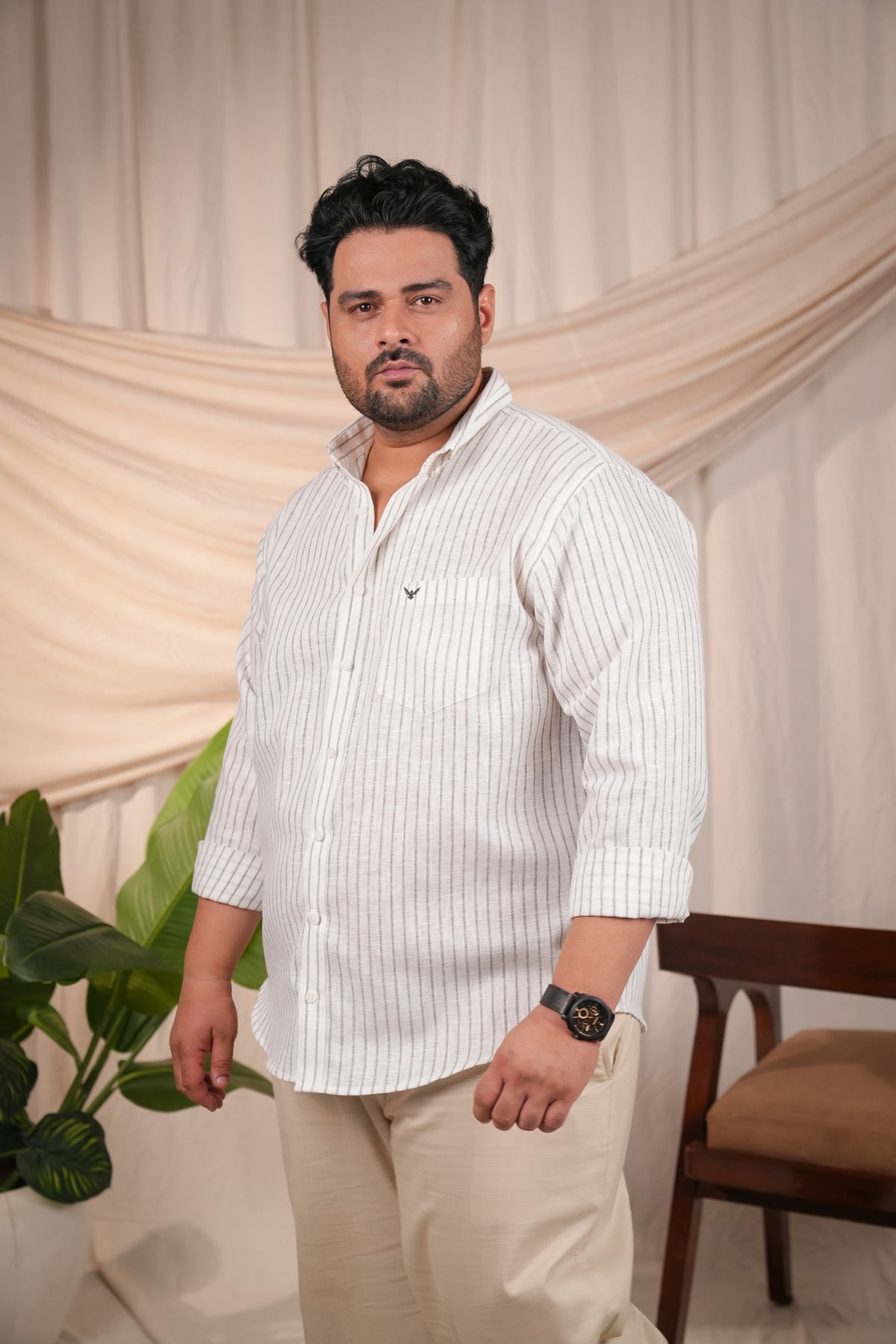 Green Striped Regular Plus Size Linen Shirt