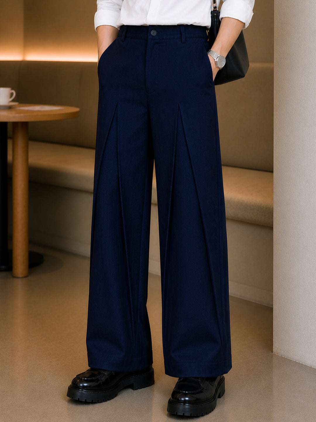 Navy Solid Loose Fit Mid-pleat Korean Pant