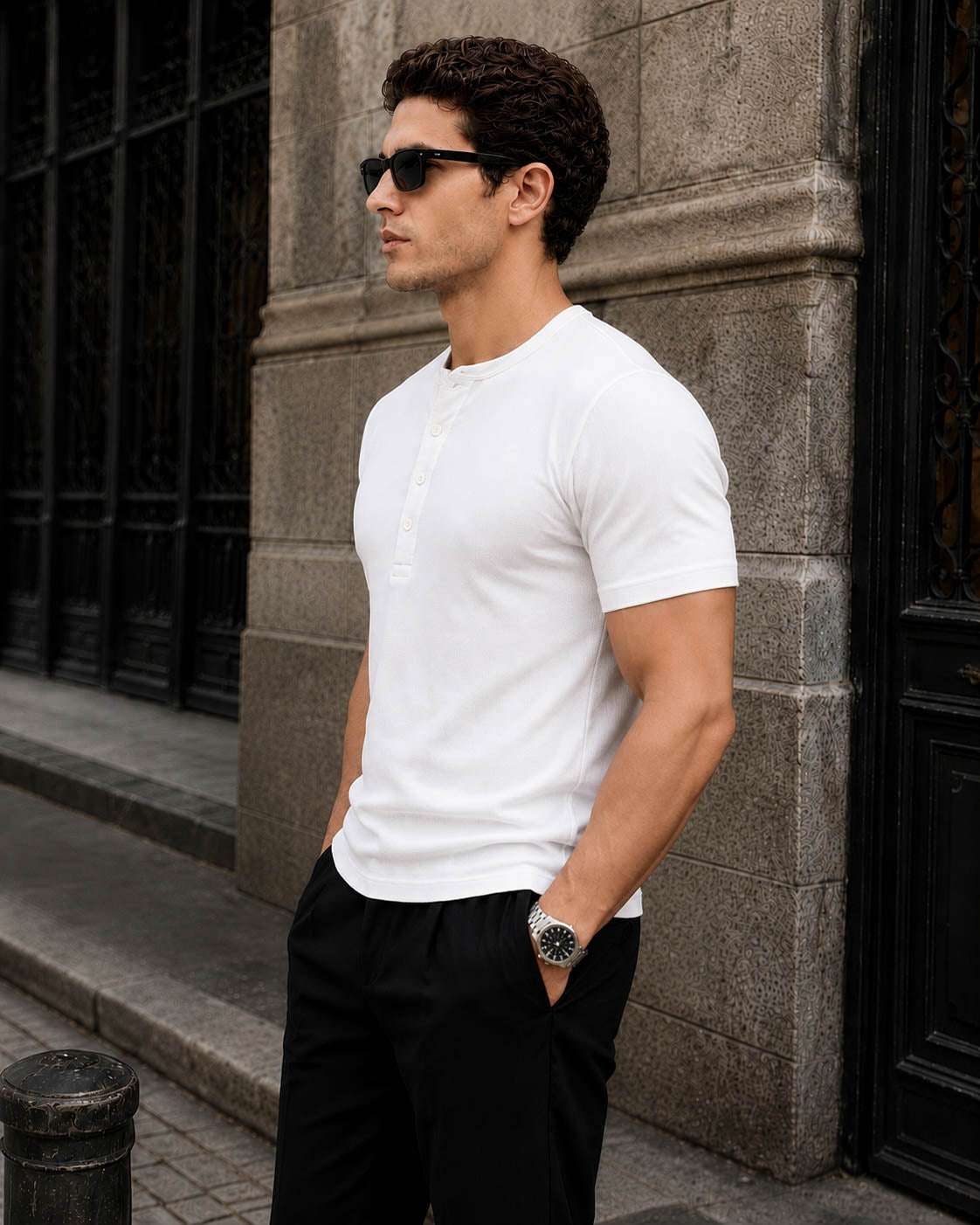 White Waffle Henley Half Sleeve T-Shirt