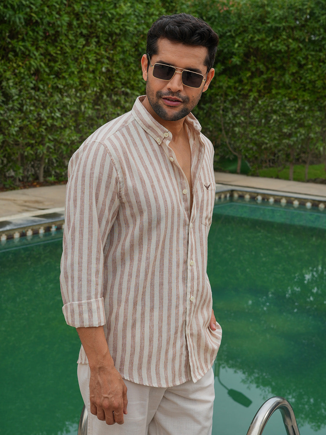 Rust Striped Slim Fit Pre-Washed Linen Cotton Shirt