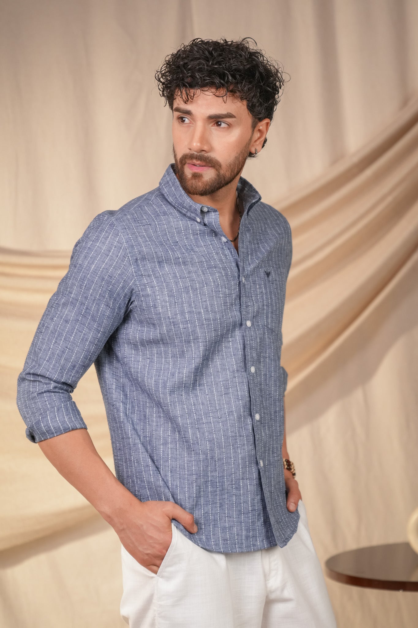 Denim Blue Striped Linen Cotton Slim Fit Shirt