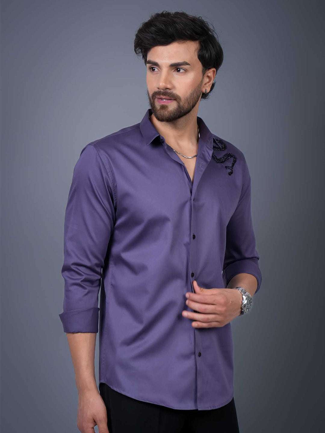 Purple Sequin Cotton Satin Slim Fit Shirt