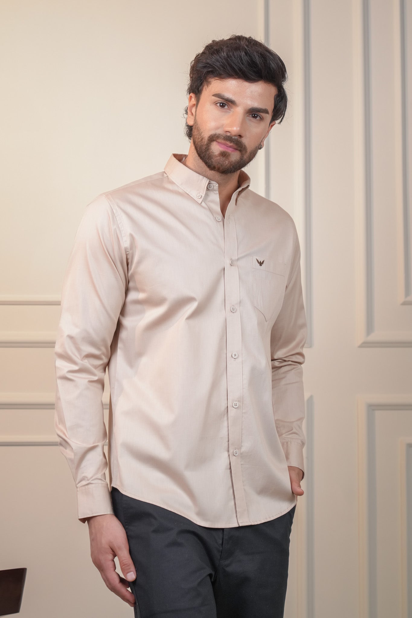 Earthy Beige Solid Cotton Twill Slim Fit Shirt