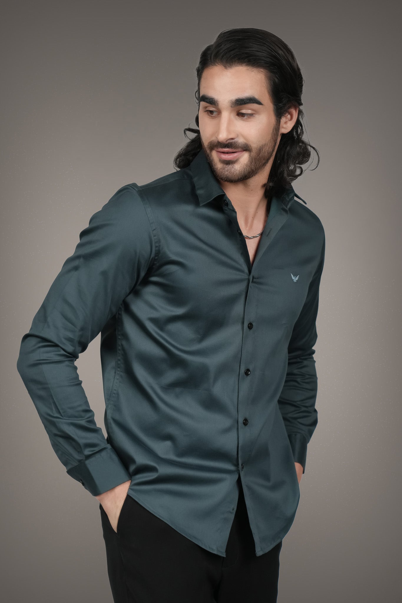 Teal Solid Cotton Satin Slim Fit Shirt