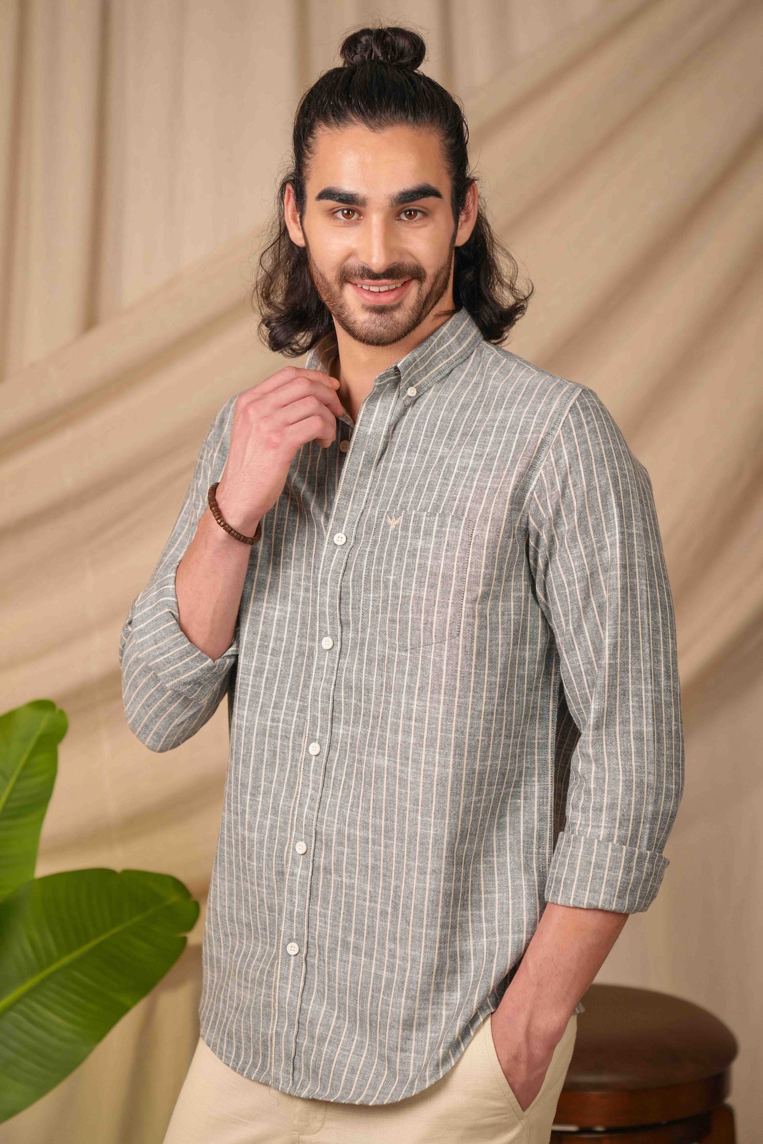 Dusty Grey Striped Pre-Washed Linen Cotton Slim Fit Shirt