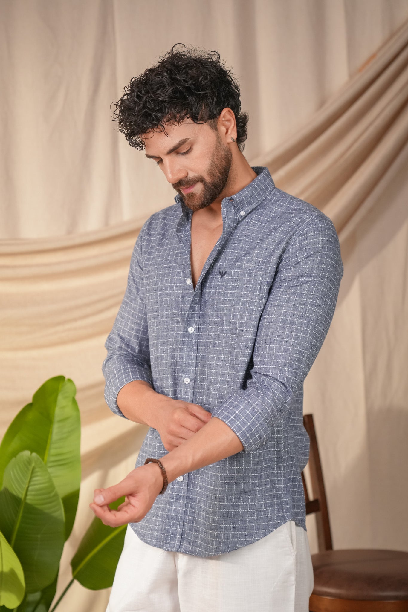 Denim Blue Checked Linen Cotton Slim Fit Shirt
