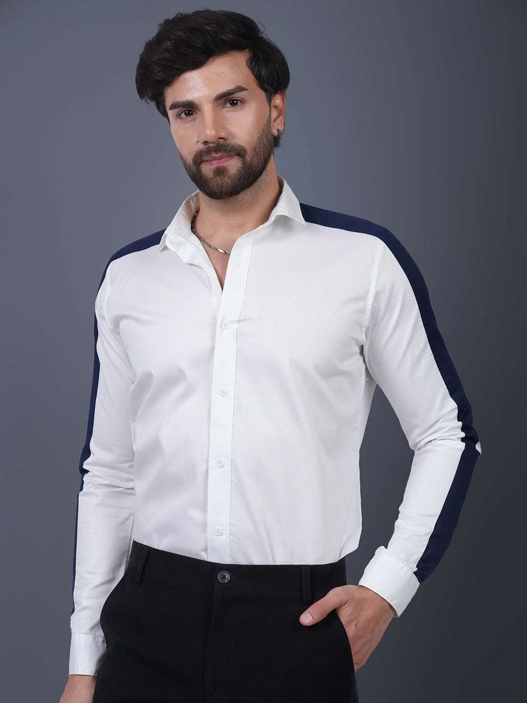 White And blue Colour Blocked Cotton Twill Slim Fit Shirt