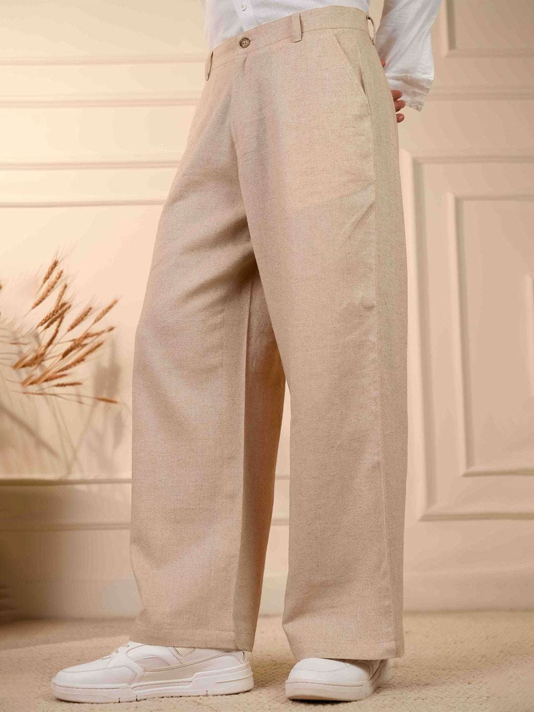 Natural Grain Beige Solid Linen Cotton Relaxed Fit Pants