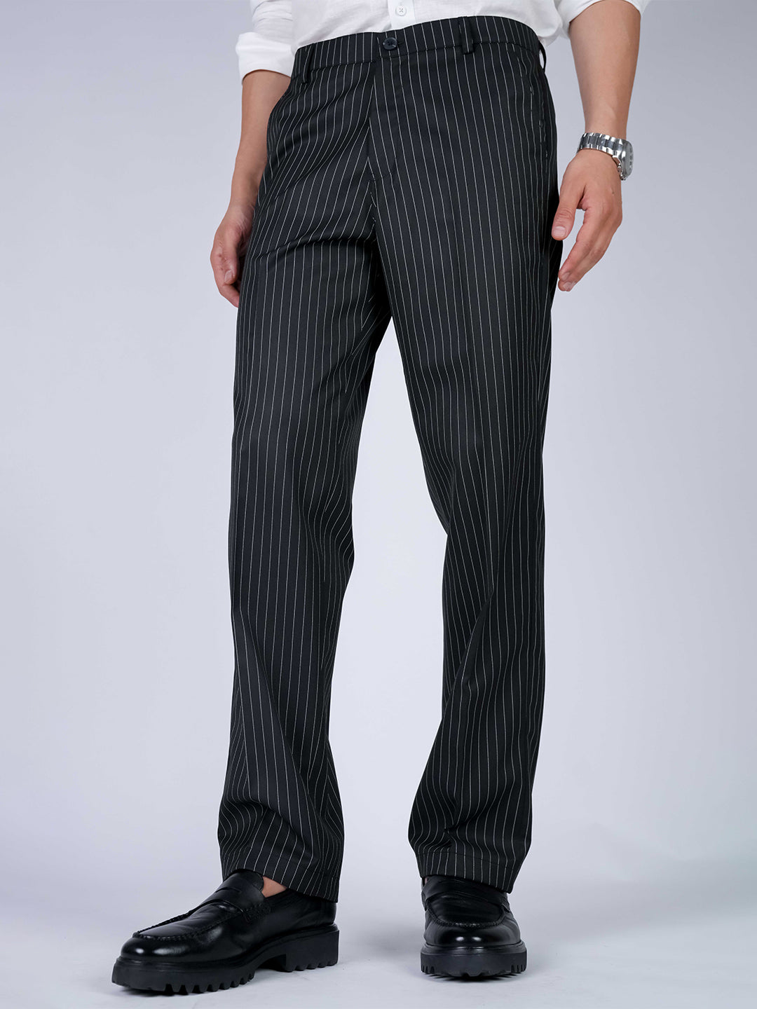 Black Striped Viscose Slim Fit Pant