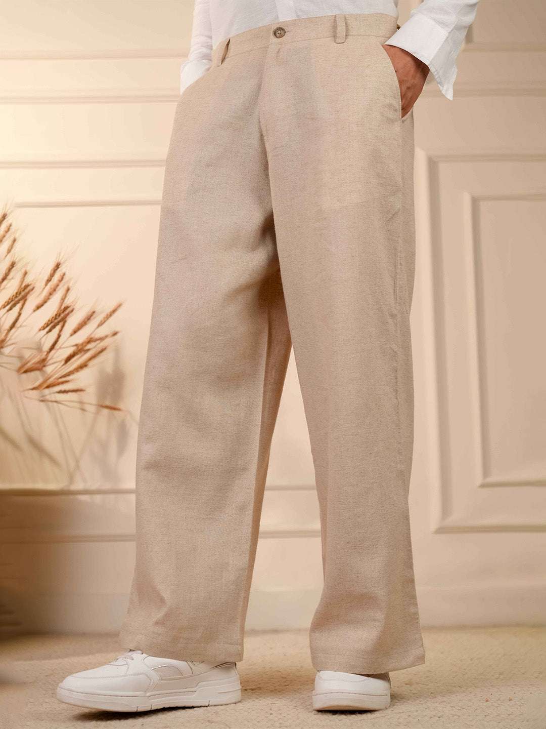 Natural Grain Beige Solid Linen Cotton Relaxed Fit Pants