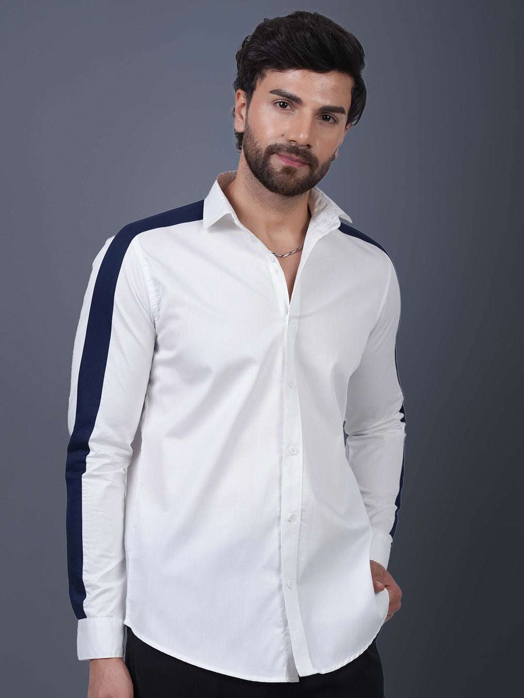 White And blue Colour Blocked Cotton Twill Slim Fit Shirt